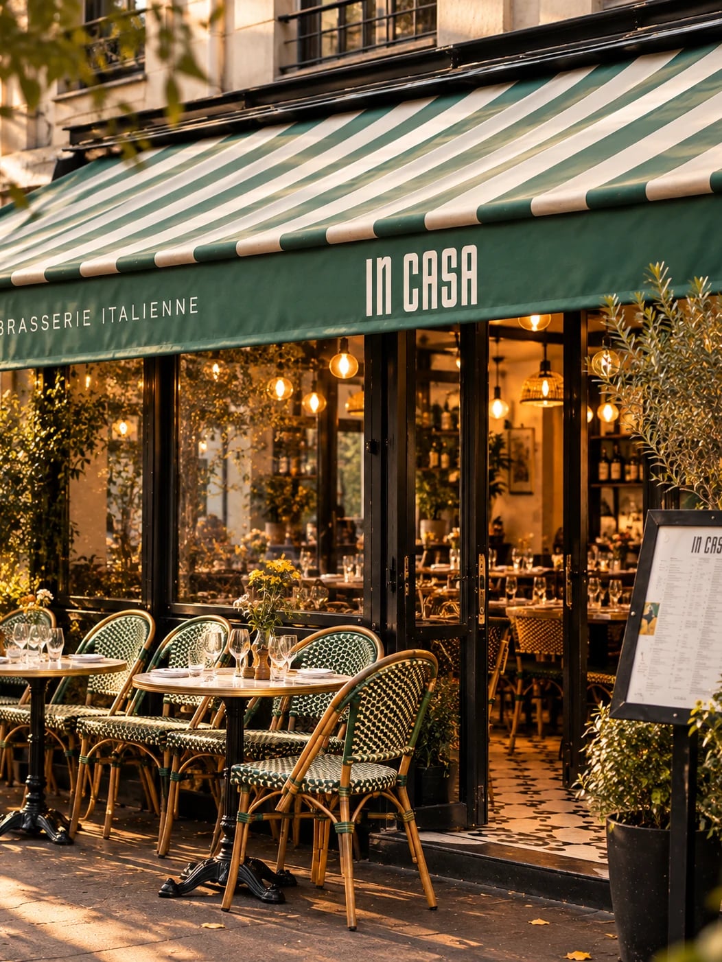 Salle d’In Casa, brasserie italienne du 15ᵉ : tables dressées, ambiance conviviale.